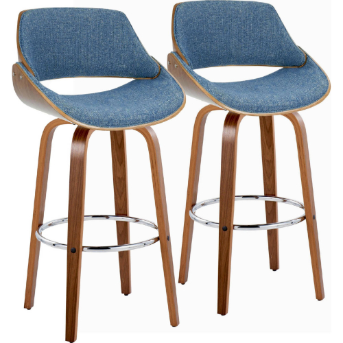 Fabrizzi 30" Swivel Bar Stool in Walnut Wood & Blue Fabric w/ Chrome Footrest (Set of 2)